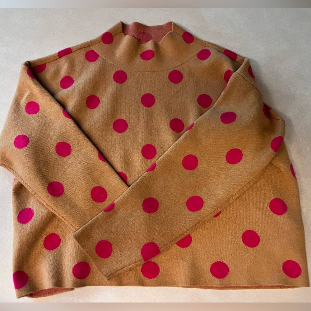 Anthropologie Tan and Pink Cowl Neck Sweater with Polka Dots - Picture 3 of 6